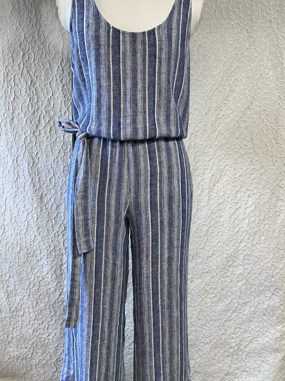 Striped Blue Linen-Blend Jumpsuit with Tie Waist Cloth & Stone Linen  Sz L